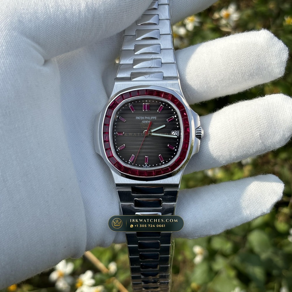 Patek Philippe Nautilus Off-Catalogue Baguette Ruby Bezel Diamond-Set Bezel 950 Platinum Ref. 5711/112P-001