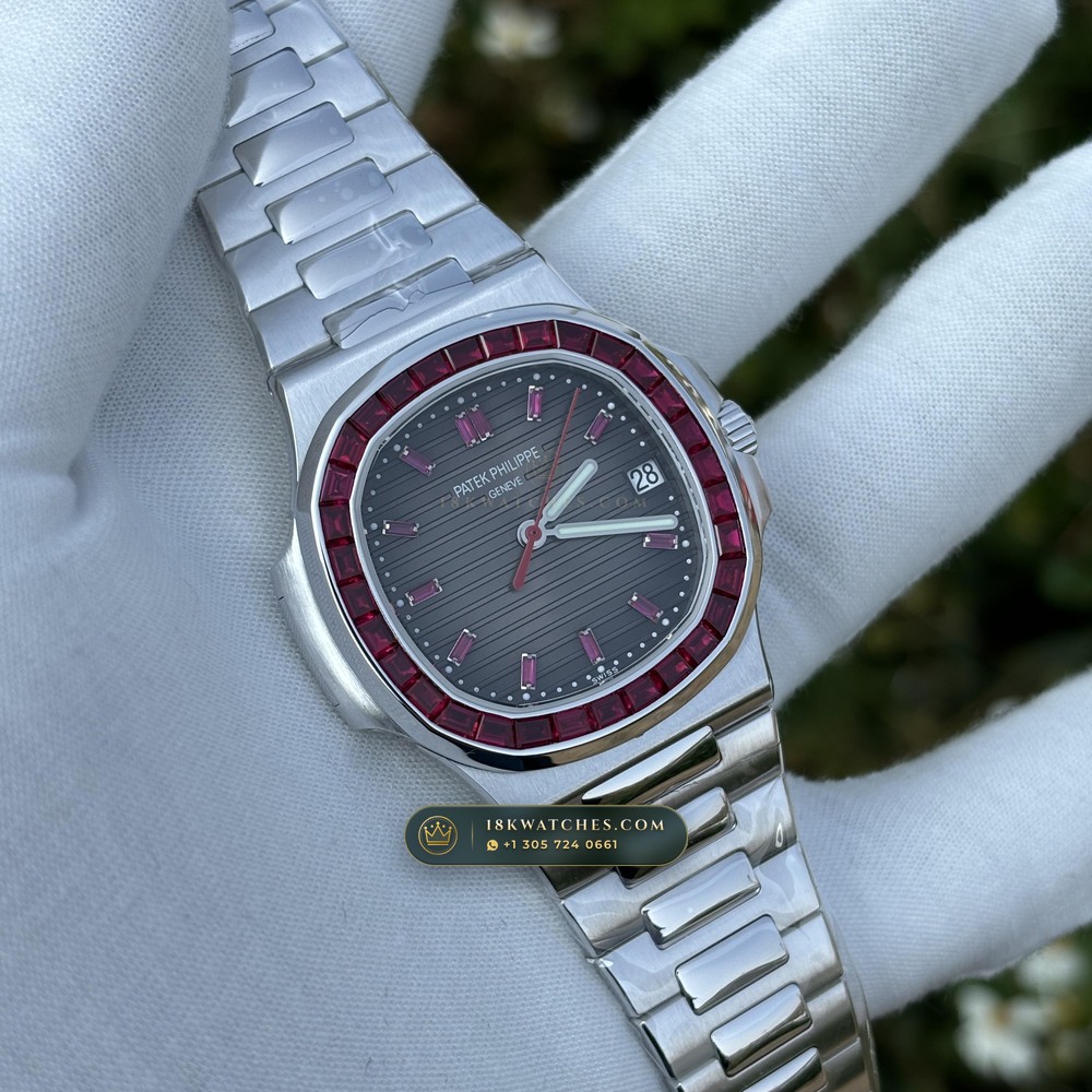 Patek Philippe Nautilus Off-Catalogue Baguette Ruby Bezel Diamond-Set Bezel 950 Platinum Ref. 5711/112P-001 — Studio Gallery Plate III in 950 Platinum Pt950 (244.6g Verified Mass, Patek Philippe Cal. 26-330 S C / Cal. 324 S C - 21K Gold Rotor)
