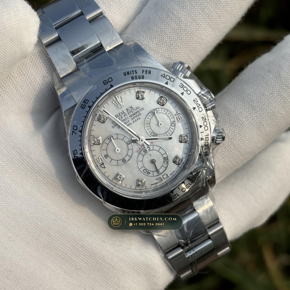 Rolex Cosmograph Daytona Iridescent Natural Mother-of-Pearl Dial 18K White Gold Ref. 116509 — Studio Gallery Plate III in 18K White Gold Au750 (216.7g Verified Mass, Rolex Manufacture Cal. 4130 - 72h Power Reserve)