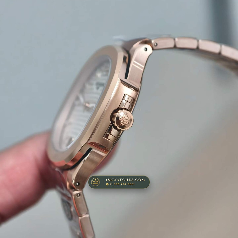 Patek Philippe Nautilus Ladies Automatic 18K Rose Gold Ref. 7118/1R-001 — Studio Gallery Plate IV in 18K Rose Gold Au750 (145.8g Verified Mass, Patek Philippe Cal. 324 S C - 21K Gold Rotor)