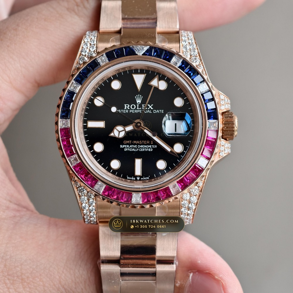 Rolex GMT-Master II Diamond-Set Bezel 18K Everose Gold Ref. 126755SARU