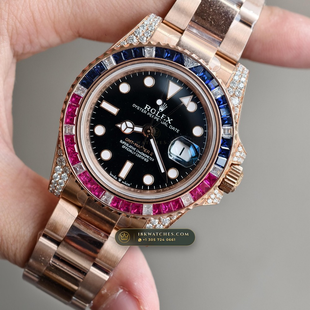 Rolex GMT-Master II Diamond-Set Bezel 18K Everose Gold Ref. 126755SARU — Studio Gallery Plate III in 18K Rose Gold Au750 (225.3g Verified Mass, Rolex Manufacture Cal. 3285 - 70h Power Reserve)