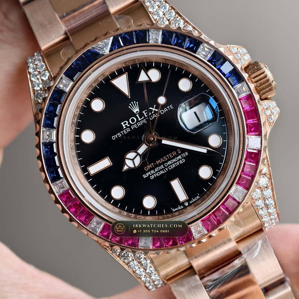 Rolex GMT-Master II Diamond-Set Bezel 18K Everose Gold Ref. 126755SARU — Studio Gallery Plate IV in 18K Rose Gold Au750 (225.3g Verified Mass, Rolex Manufacture Cal. 3285 - 70h Power Reserve)