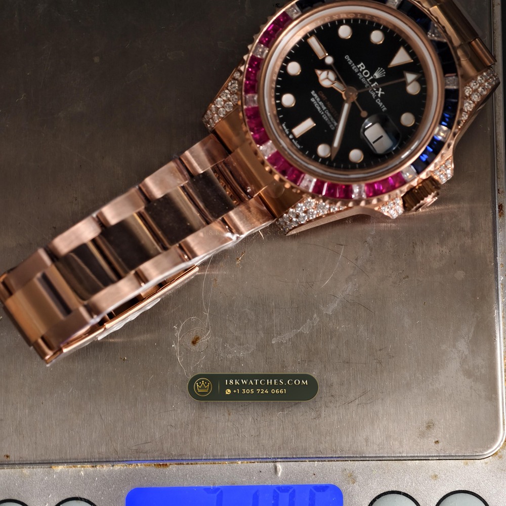 Rolex GMT-Master II Diamond-Set Bezel 18K Everose Gold Ref. 126755SARU — Studio Gallery Plate IX in 18K Rose Gold Au750 (225.3g Verified Mass, Rolex Manufacture Cal. 3285 - 70h Power Reserve)