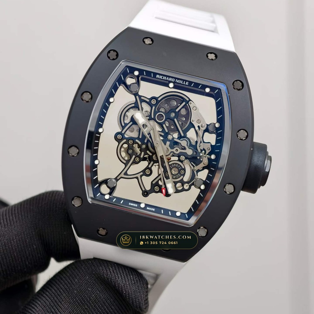 Richard Mille RM 055 Bubba Watson Manual Winding Asia Exclusive Edition Geneva Atelier Spec — Studio Gallery Plate III in ATZ White Ceramic & Grade 5 Titanium (66.8g Verified Mass, Richard Mille Cal. RMUL2 Grade 5 Titanium Skeleton)