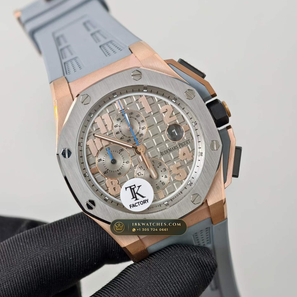 Audemars Piguet Royal Oak Offshore Selfwinding Chronograph 43mm 18K Rose Gold Ref. 26210OI.OO.A109CR.01 — Studio Gallery Plate II in 18K Rose Gold Au750 (184.5g Verified Mass, Audemars Piguet Cal. 4401 Flyback Chronograph)