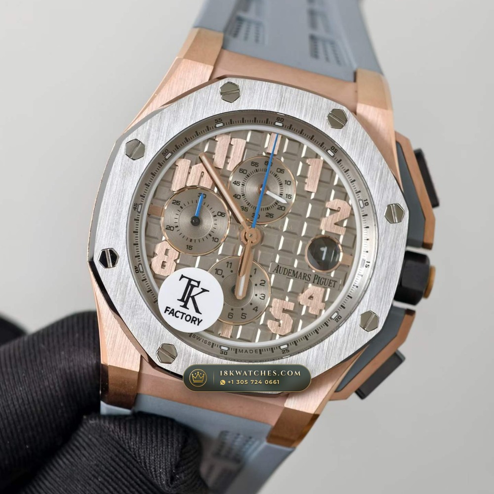 Audemars Piguet Royal Oak Offshore Selfwinding Chronograph 43mm 18K Rose Gold Ref. 26210OI.OO.A109CR.01 — Studio Gallery Plate III in 18K Rose Gold Au750 (184.5g Verified Mass, Audemars Piguet Cal. 4401 Flyback Chronograph)