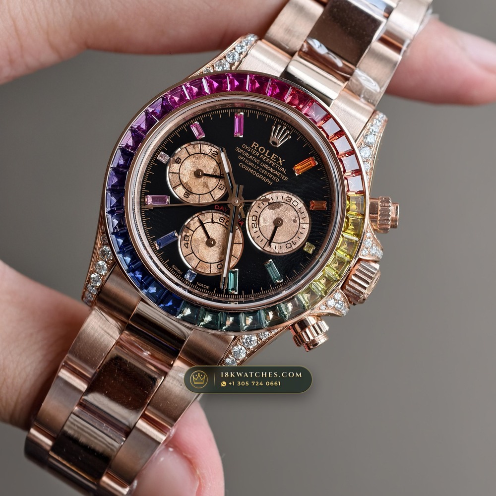 Rolex Cosmograph Daytona Rainbow Sapphire Bezel 18K Everose Gold Ref. 116595RBOW — Studio Gallery Plate III in 18K Rose Gold Au750 (216.9g Verified Mass, Rolex Manufacture Cal. 4130 - 72h Power Reserve)