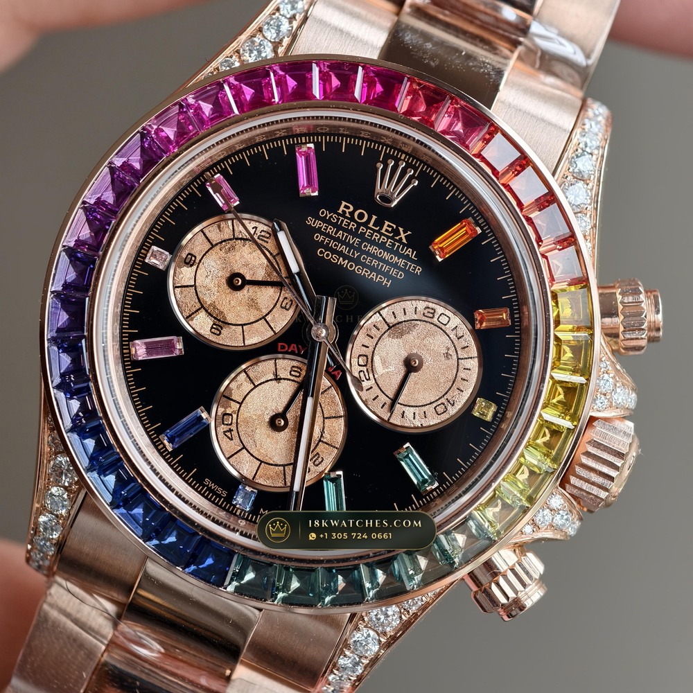 Rolex Cosmograph Daytona Rainbow Sapphire Bezel 18K Everose Gold Ref. 116595RBOW — Studio Gallery Plate IV in 18K Rose Gold Au750 (216.9g Verified Mass, Rolex Manufacture Cal. 4130 - 72h Power Reserve)