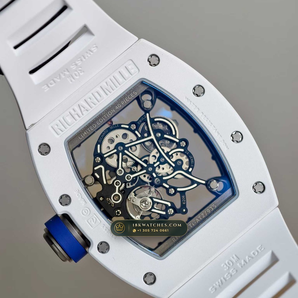 Richard Mille RM 055 Bubba Watson Manual Winding Japan Limited Edition — Studio Gallery Plate V in ATZ White Ceramic & Grade 5 Titanium (66.7g Verified Mass, Richard Mille Cal. RMUL2 Grade 5 Titanium Skeleton)