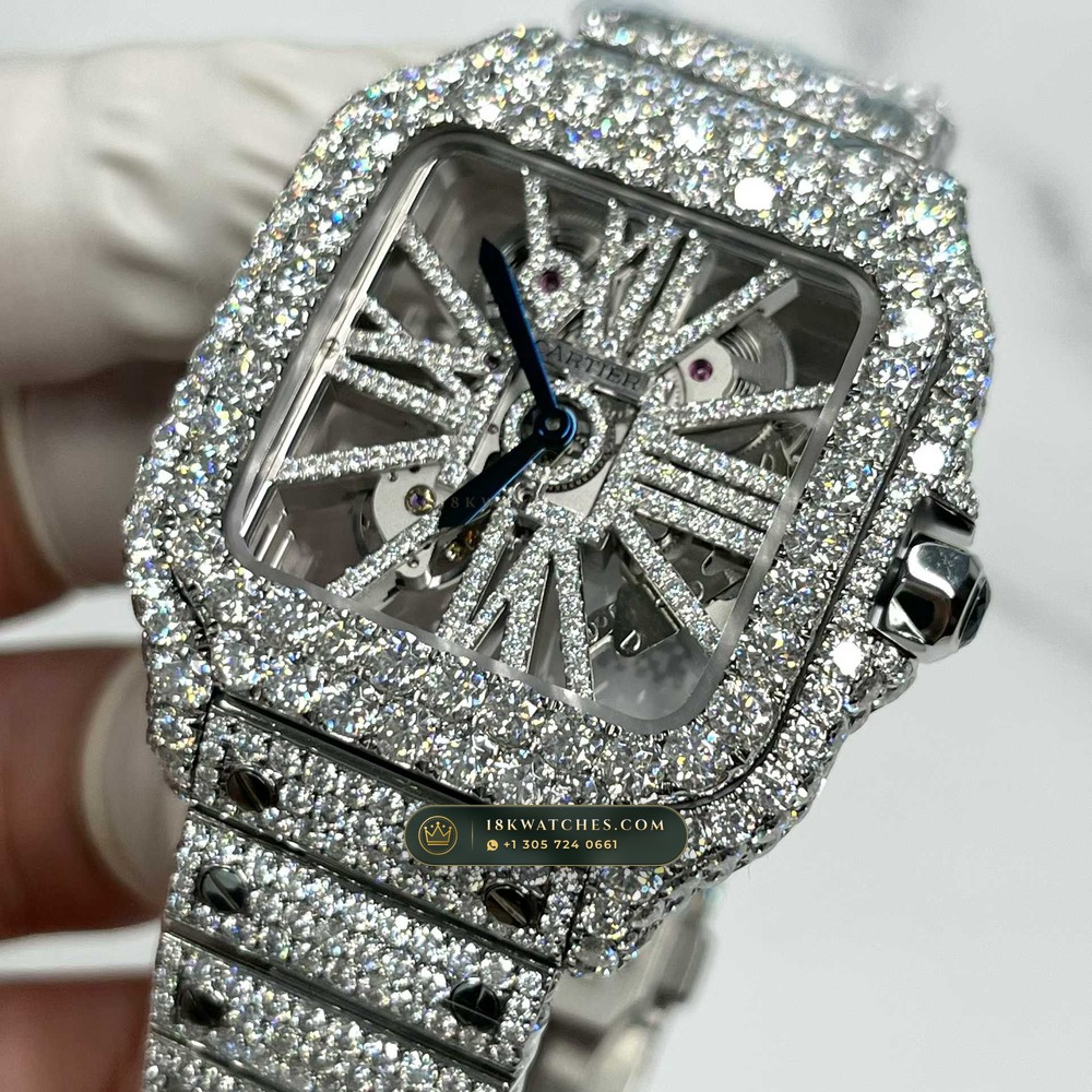Cartier Santos de Cartier Large Skeleton Full VVS Diamond Pave Ref. WHSA0015 — Studio Gallery Plate II in 904L Stainless Steel Custom Architecture (115.9g Verified Mass, Cartier Manufacture Cal. 1847 MC / Skeleton Cal. 9611 MC)