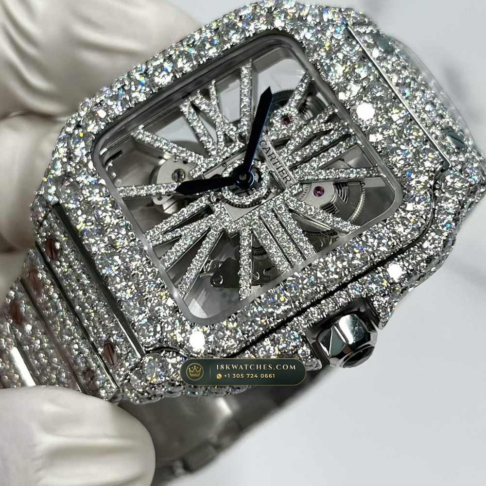 Cartier Santos de Cartier Large Skeleton Full VVS Diamond Pave Ref. WHSA0015 — Studio Gallery Plate III in 904L Stainless Steel Custom Architecture (115.9g Verified Mass, Cartier Manufacture Cal. 1847 MC / Skeleton Cal. 9611 MC)