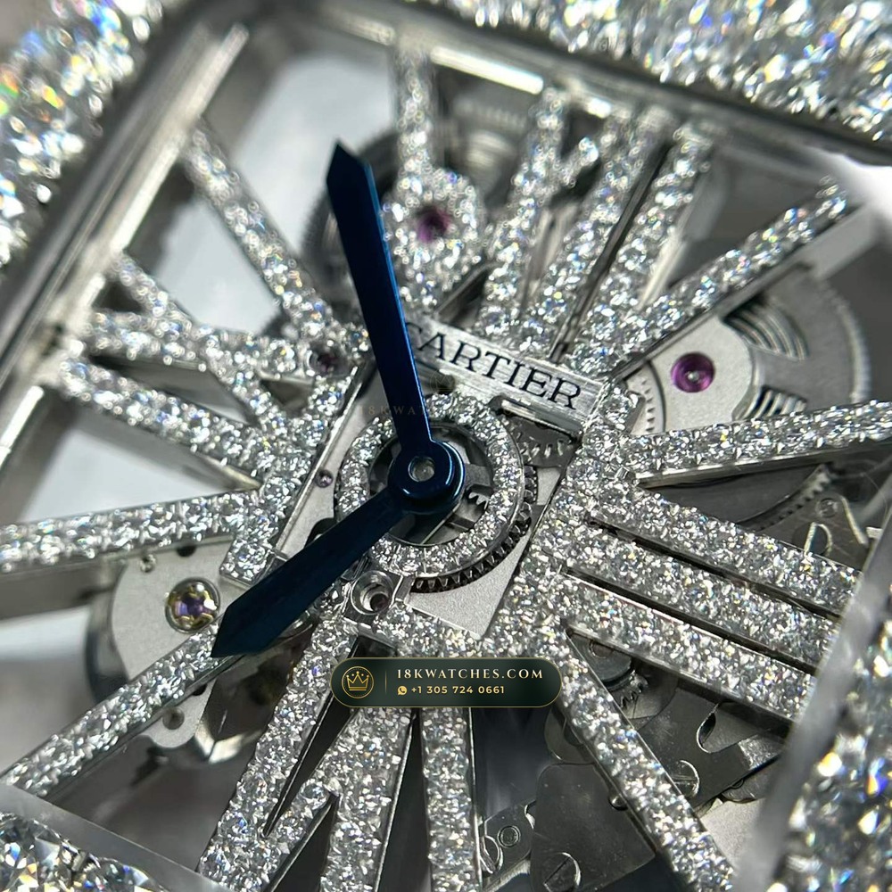 Cartier Santos de Cartier Large Skeleton Full VVS Diamond Pave Ref. WHSA0015 — Studio Gallery Plate VI in 904L Stainless Steel Custom Architecture (115.9g Verified Mass, Cartier Manufacture Cal. 1847 MC / Skeleton Cal. 9611 MC)