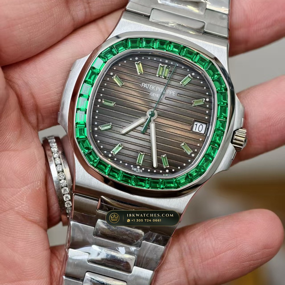 Patek Philippe Nautilus Off-Catalogue Baguette Emerald Bezel 950 Platinum Geneva Atelier Spec Ref. 5711/113P-001 — Studio Gallery Plate II in 950 Platinum Pt950 (245.0g Verified Mass, Patek Philippe Cal. 26-330 S C / Cal. 324 S C - 21K Gold Rotor)