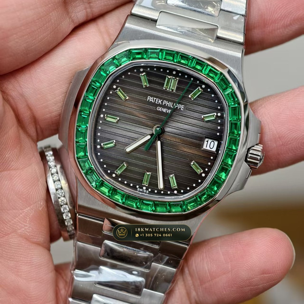Patek Philippe Nautilus Off-Catalogue Baguette Emerald Bezel 950 Platinum Geneva Atelier Spec Ref. 5711/113P-001 — Studio Gallery Plate III in 950 Platinum Pt950 (245.0g Verified Mass, Patek Philippe Cal. 26-330 S C / Cal. 324 S C - 21K Gold Rotor)