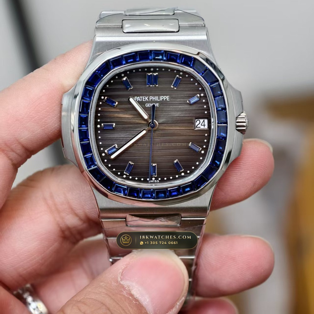 Patek Philippe Nautilus Off-Catalogue Baguette Blue Sapphire Bezel 950 Platinum Ref. 5711/111P-001