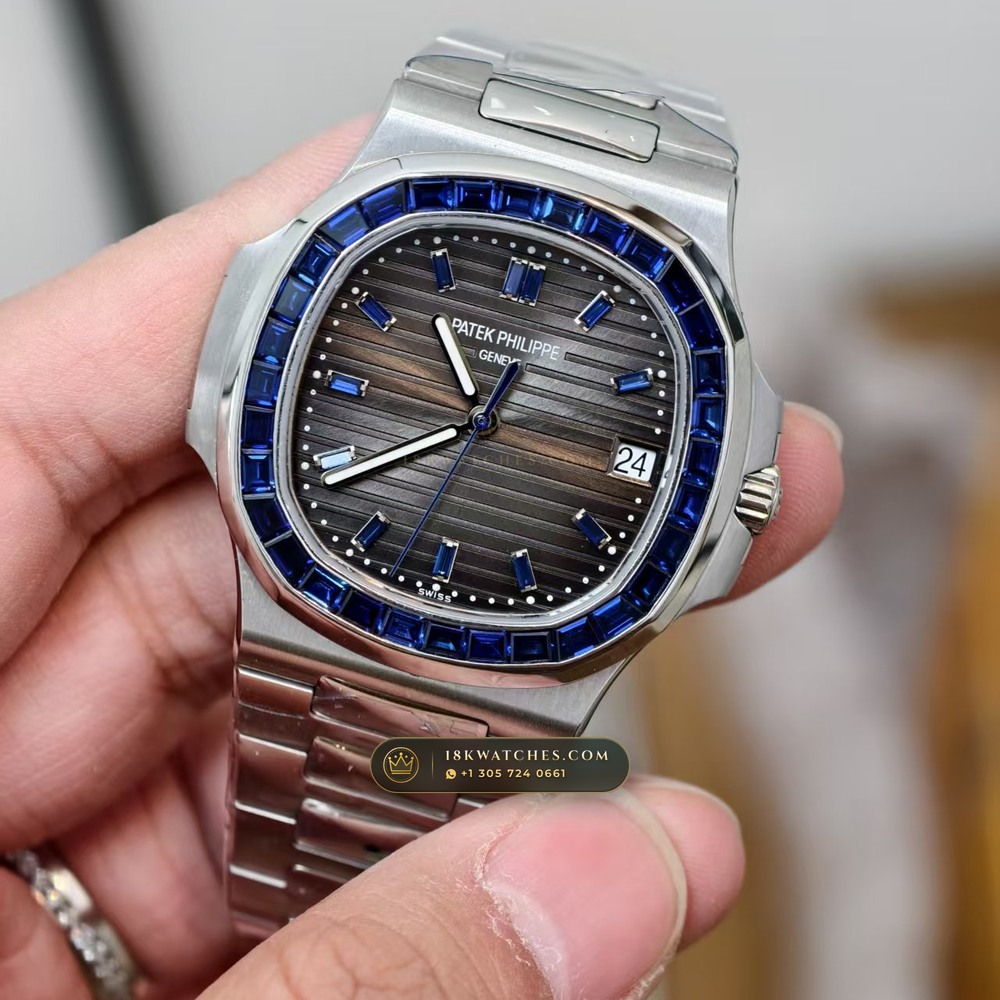 Patek Philippe Nautilus Off-Catalogue Baguette Blue Sapphire Bezel 950 Platinum Ref. 5711/111P-001 — Studio Gallery Plate II in 950 Platinum Pt950 (245.4g Verified Mass, Patek Philippe Cal. 26-330 S C / Cal. 324 S C - 21K Gold Rotor)