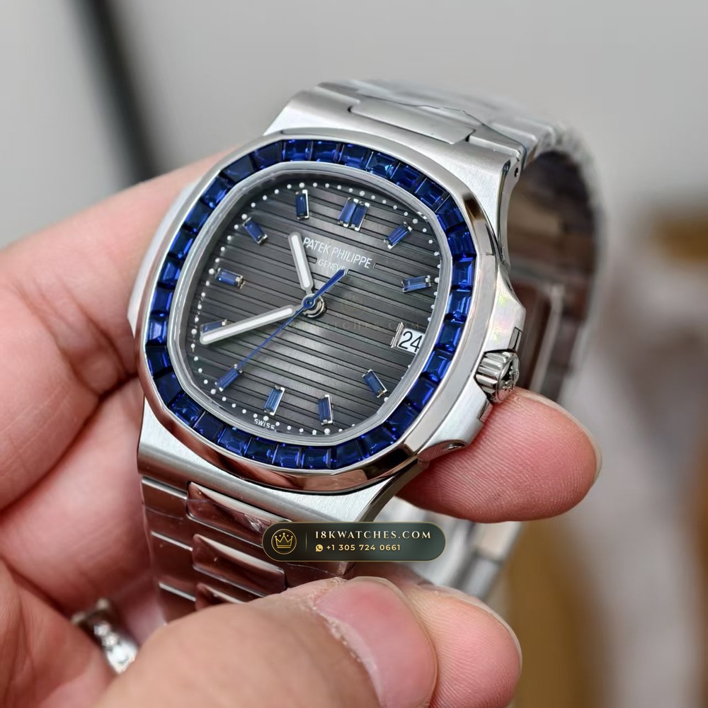 Patek Philippe Nautilus Off-Catalogue Baguette Blue Sapphire Bezel 950 Platinum Ref. 5711/111P-001 — Studio Gallery Plate III in 950 Platinum Pt950 (245.4g Verified Mass, Patek Philippe Cal. 26-330 S C / Cal. 324 S C - 21K Gold Rotor)