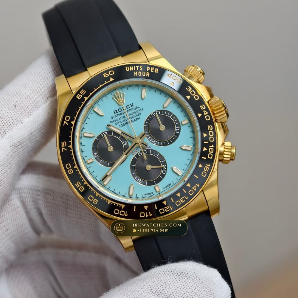 Rolex Cosmograph Daytona Tiffany Blue Dial 18K Yellow Gold Ref. 126518LN — Studio Gallery Plate II in 18K Yellow Gold Au750 (160.5g Verified Mass, Rolex Manufacture Cal. 4131 - 72h Power Reserve)
