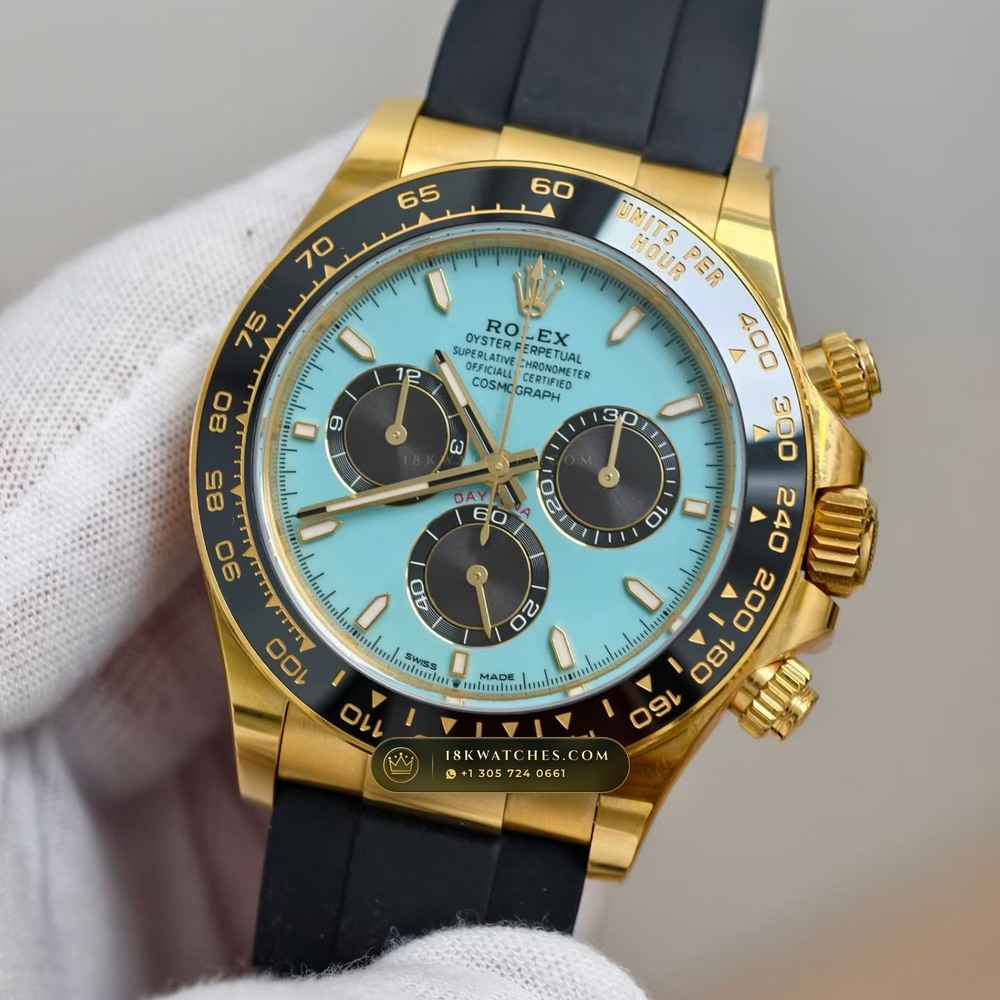 Rolex Cosmograph Daytona Tiffany Blue Dial 18K Yellow Gold Ref. 126518LN — Studio Gallery Plate III in 18K Yellow Gold Au750 (160.5g Verified Mass, Rolex Manufacture Cal. 4131 - 72h Power Reserve)