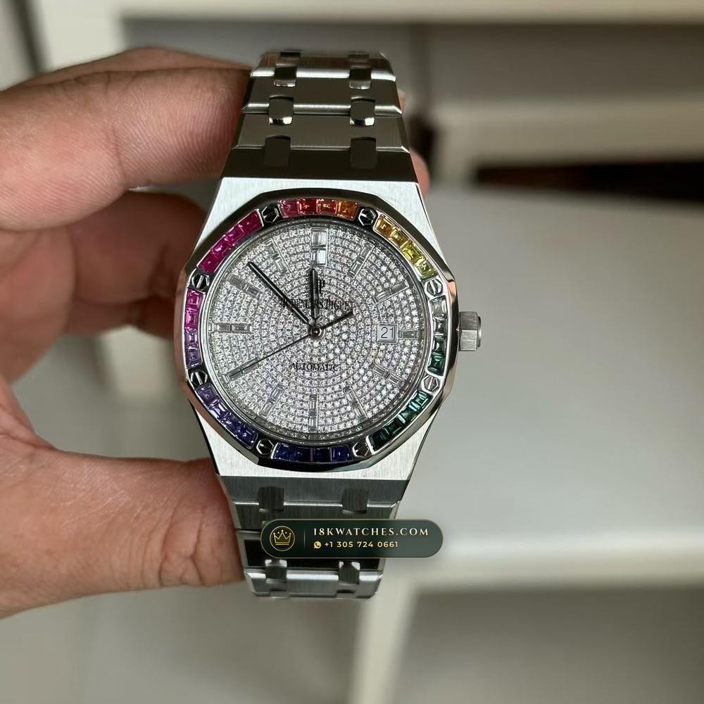 Audemars Piguet Royal Oak Double Balance Wheel Openworked Rainbow 18K White Gold Ref. 15413BC.YY.1220BC.01 — Studio Gallery Plate II in 18K White Gold Au750 (224.1g Verified Mass, Audemars Piguet Cal. 3132 Dual-Balance Openworked)