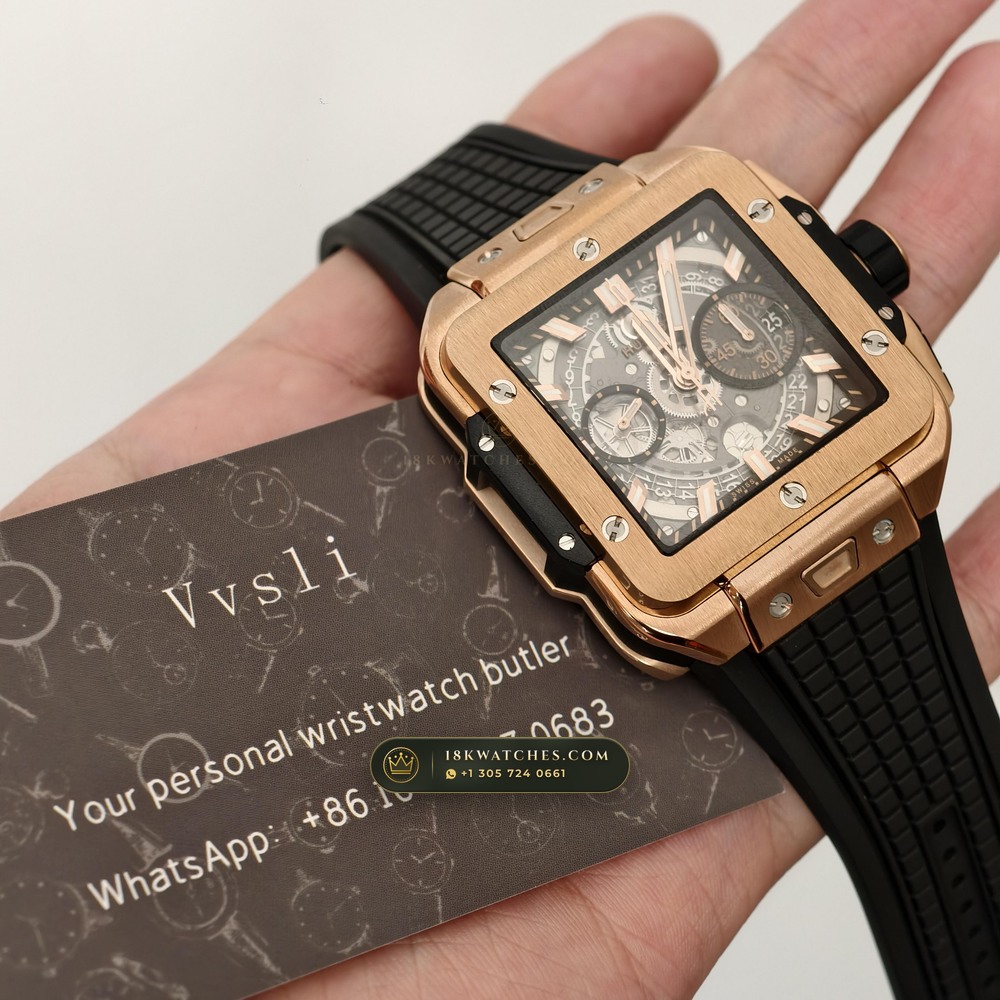 Hublot Square Bang Unico Chronograph 42mm 18K King Gold Ref. 821.OX.0180.RX — Studio Gallery Plate VII in 18K Rose Gold Au750 (120.8g Verified Mass, Hublot Unico Flyback Chronograph Cal. HUB1280)