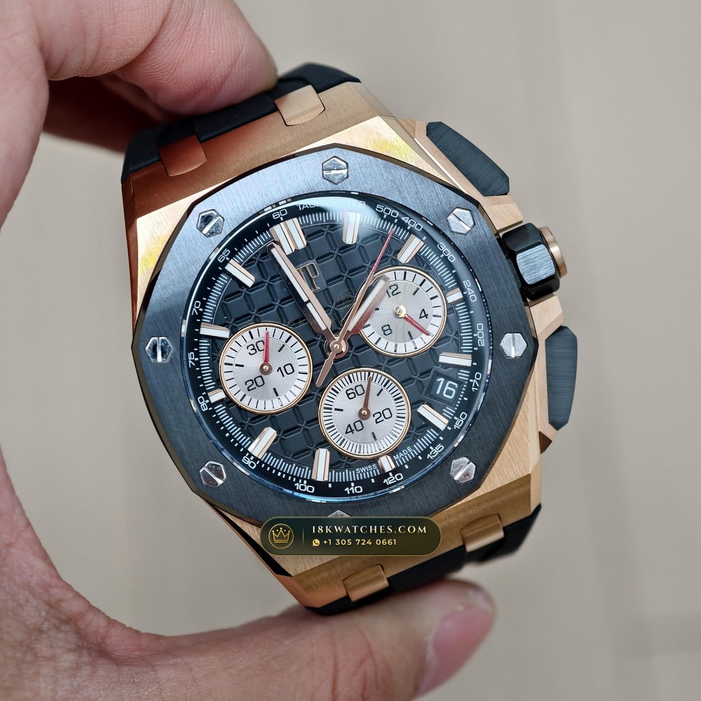 Audemars Piguet Royal Oak Offshore Selfwinding Chronograph 43mm 18K Rose Gold Ref. 26420RO.OO.A002CA.01 — Studio Gallery Plate II in 18K Rose Gold Au750 (184.3g Verified Mass, Audemars Piguet Cal. 4401 Flyback Chronograph)