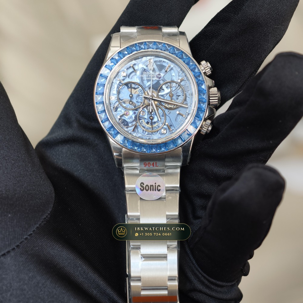 Rolex Cosmograph Daytona Artisans de Geneve Skeleton Edition Ice-Blue Sunray Dial Ref. 116500LN — Studio Gallery Plate II in 904L Stainless Steel Custom Architecture (143.7g Verified Mass, Rolex Manufacture Cal. 4130 - 72h Power Reserve)