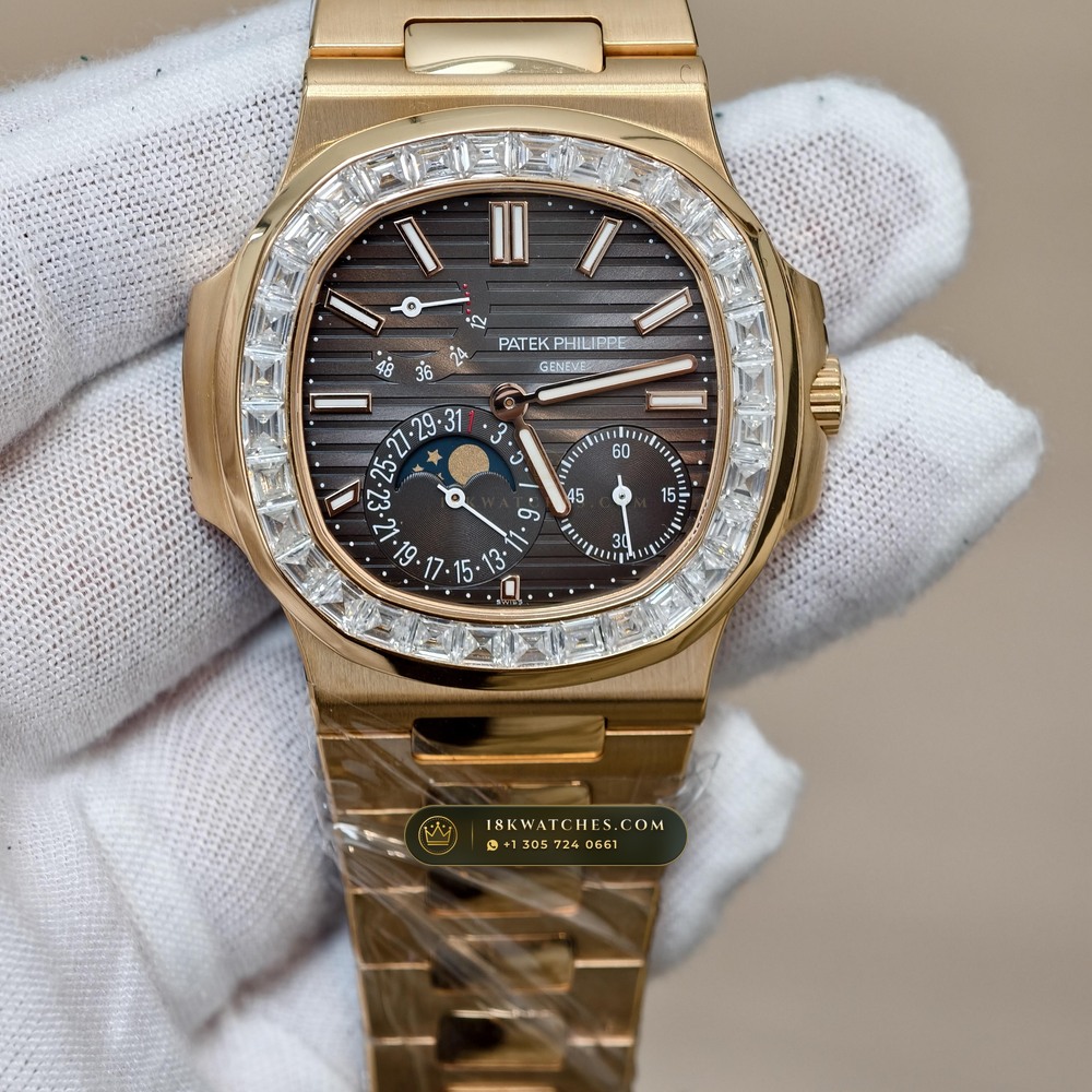 Patek Philippe Nautilus Moonphase & Power Reserve Diamond-Set Bezel 18K Rose Gold Ref. 5712R