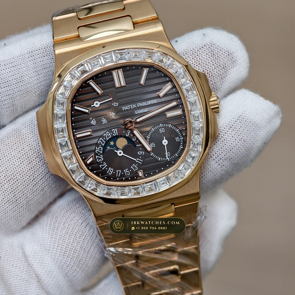Patek Philippe Nautilus Moonphase & Power Reserve Diamond-Set Bezel 18K Rose Gold Ref. 5712R — Studio Gallery Plate II in 18K Rose Gold Au750 (106.0g Verified Mass, Patek Philippe Cal. 240 PS IRM C LU - 22K Gold Micro-Rotor)