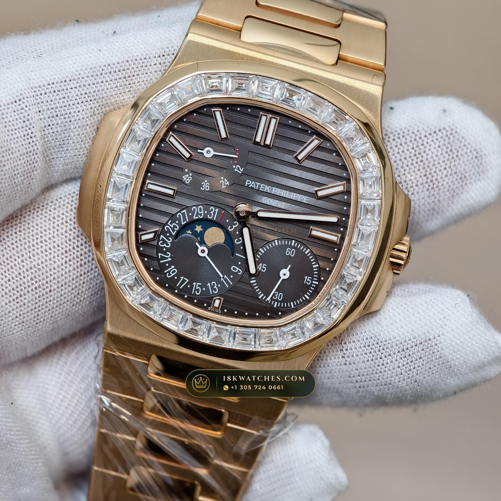 Patek Philippe Nautilus Moonphase & Power Reserve Diamond-Set Bezel 18K Rose Gold Ref. 5712R — Studio Gallery Plate III in 18K Rose Gold Au750 (106.0g Verified Mass, Patek Philippe Cal. 240 PS IRM C LU - 22K Gold Micro-Rotor)