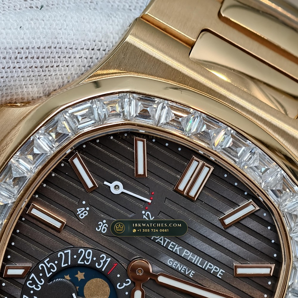 Patek Philippe Nautilus Moonphase & Power Reserve Diamond-Set Bezel 18K Rose Gold Ref. 5712R — Studio Gallery Plate V in 18K Rose Gold Au750 (106.0g Verified Mass, Patek Philippe Cal. 240 PS IRM C LU - 22K Gold Micro-Rotor)