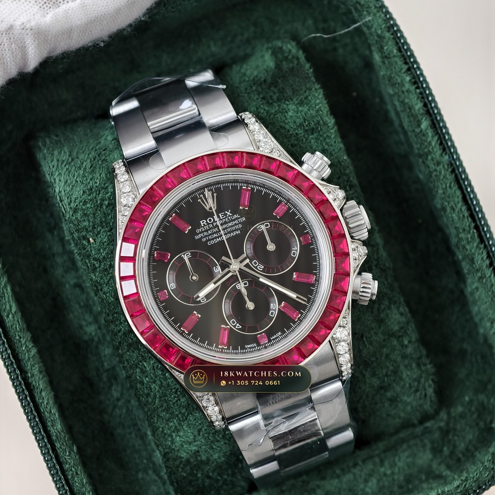 Rolex Cosmograph Daytona Baguette Ruby Bezel 18K White Gold Ref. 126599TRU — Studio Gallery Plate III in 18K White Gold Au750 (216.8g Verified Mass, Rolex Manufacture Cal. 4131 - 72h Power Reserve)