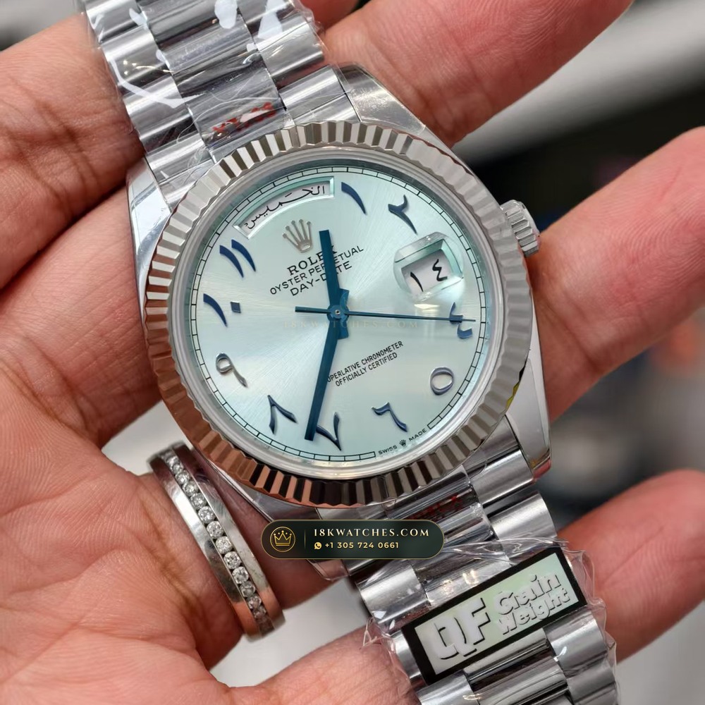 Rolex Day-Date 40 Ice-Blue Eastern Arabic Dial 950 Platinum Ref. 228206 — Studio Gallery Plate II in 950 Platinum Pt950 (280.4g Verified Mass, Rolex Manufacture Cal. 3255 - 70h Power Reserve)