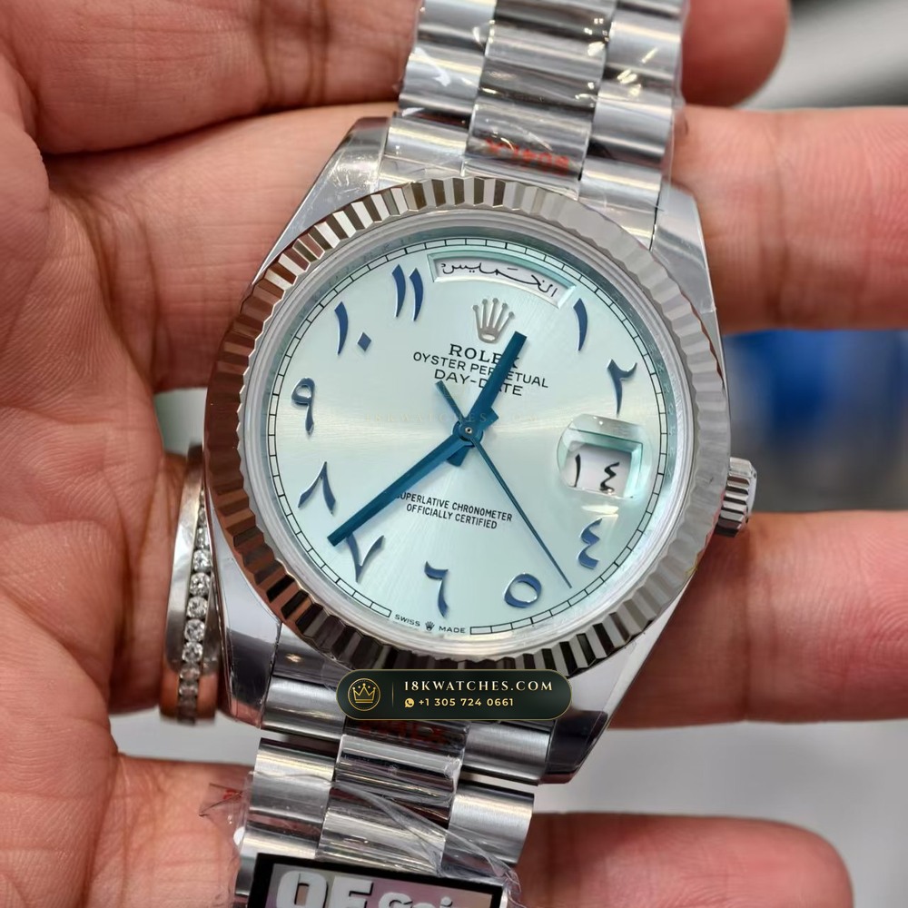 Rolex Day-Date 40 Ice-Blue Eastern Arabic Dial 950 Platinum Ref. 228206 — Studio Gallery Plate III in 950 Platinum Pt950 (280.4g Verified Mass, Rolex Manufacture Cal. 3255 - 70h Power Reserve)