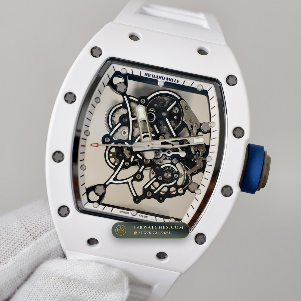 Richard Mille RM 055 Bubba Watson Manual Winding Hand-Chamfered Bevel Spec — Studio Gallery Plate II in ATZ White Ceramic & Grade 5 Titanium (66.6g Verified Mass, Richard Mille Cal. RMUL2 Grade 5 Titanium Skeleton)