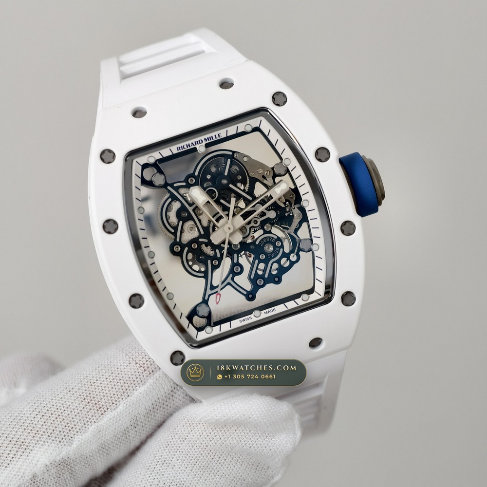 Richard Mille RM 055 Bubba Watson Manual Winding Hand-Chamfered Bevel Spec — Studio Gallery Plate III in ATZ White Ceramic & Grade 5 Titanium (66.6g Verified Mass, Richard Mille Cal. RMUL2 Grade 5 Titanium Skeleton)