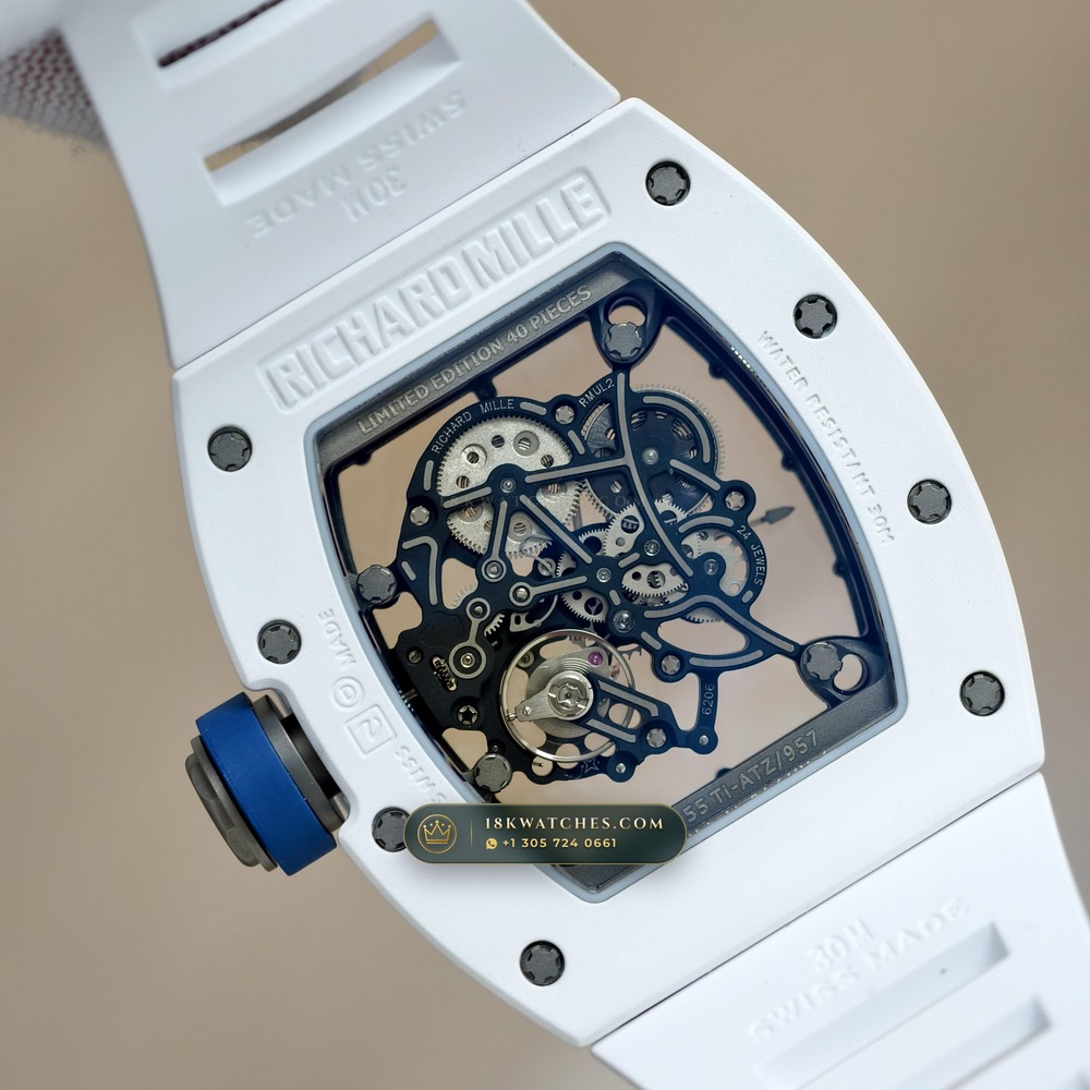 Richard Mille RM 055 Bubba Watson Manual Winding Hand-Chamfered Bevel Spec — Studio Gallery Plate VII in ATZ White Ceramic & Grade 5 Titanium (66.6g Verified Mass, Richard Mille Cal. RMUL2 Grade 5 Titanium Skeleton)