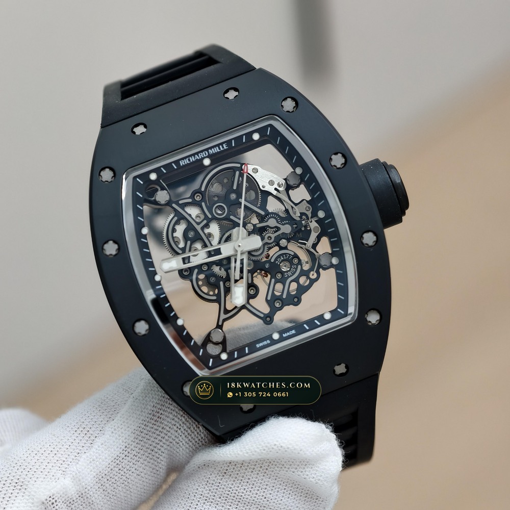 Richard Mille RM 055 Bubba Watson Manual Winding Sapphire Caseback Spec — Studio Gallery Plate III in ATZ White Ceramic & Grade 5 Titanium (66.3g Verified Mass, Richard Mille Cal. RMUL2 Grade 5 Titanium Skeleton)