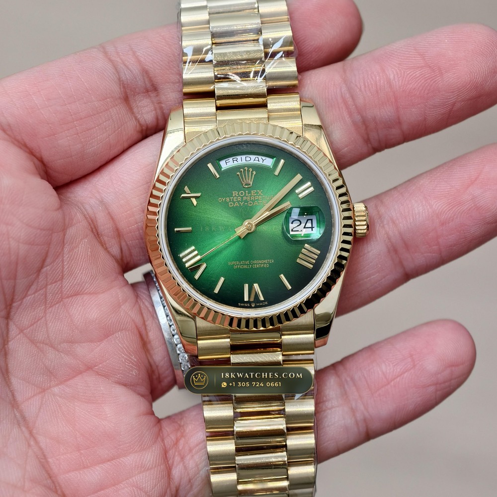 Rolex Day-Date 36 Graduated Green Ombre Sunray Dial 18K Yellow Gold Ref. 128238