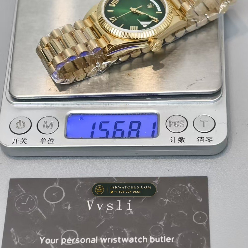 Rolex Day-Date 36 Graduated Green Ombre Sunray Dial 18K Yellow Gold Ref. 128238 — Studio Gallery Plate VI in 18K Yellow Gold Au750 (183.4g Verified Mass, Rolex Manufacture Cal. 3255 - 70h Power Reserve)