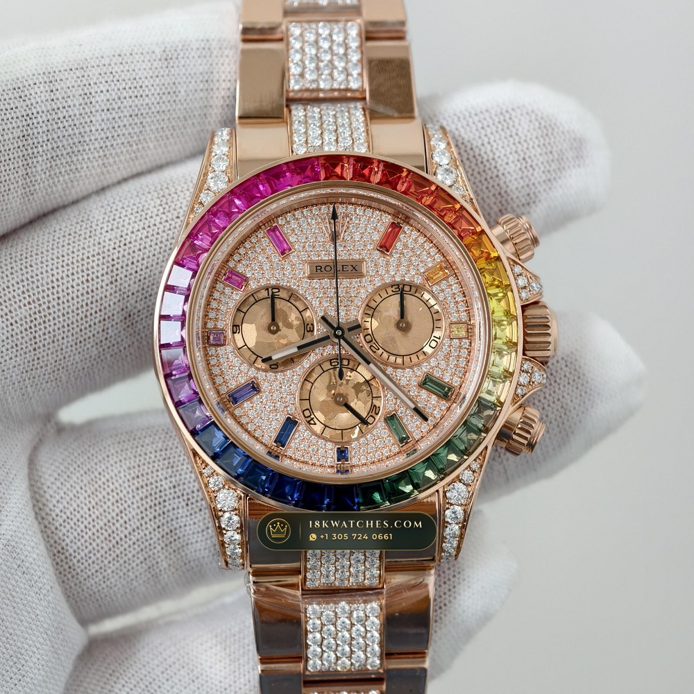 Rolex Cosmograph Daytona Rainbow Sapphire Bezel 18K Everose Gold Custom SW Dial Deep Crystal Optics Ref. 116595RBOW