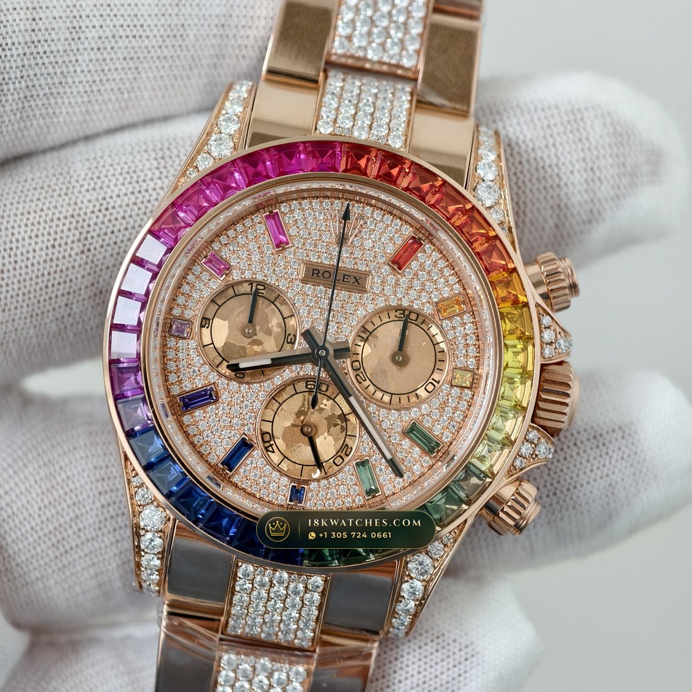 Rolex Cosmograph Daytona Rainbow Sapphire Bezel 18K Everose Gold Custom SW Dial Deep Crystal Optics Ref. 116595RBOW — Studio Gallery Plate II in 18K Rose Gold Au750 (216.6g Verified Mass, Rolex Manufacture Cal. 4130 - 72h Power Reserve)