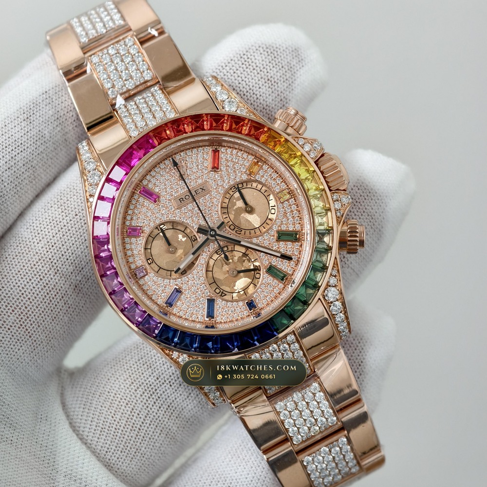 Rolex Cosmograph Daytona Rainbow Sapphire Bezel 18K Everose Gold Custom SW Dial Deep Crystal Optics Ref. 116595RBOW — Studio Gallery Plate III in 18K Rose Gold Au750 (216.6g Verified Mass, Rolex Manufacture Cal. 4130 - 72h Power Reserve)