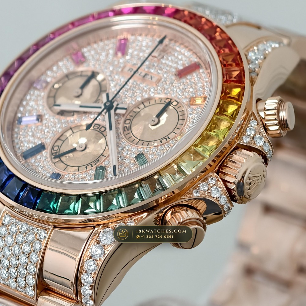 Rolex Cosmograph Daytona Rainbow Sapphire Bezel 18K Everose Gold Custom SW Dial Deep Crystal Optics Ref. 116595RBOW — Studio Gallery Plate IV in 18K Rose Gold Au750 (216.6g Verified Mass, Rolex Manufacture Cal. 4130 - 72h Power Reserve)