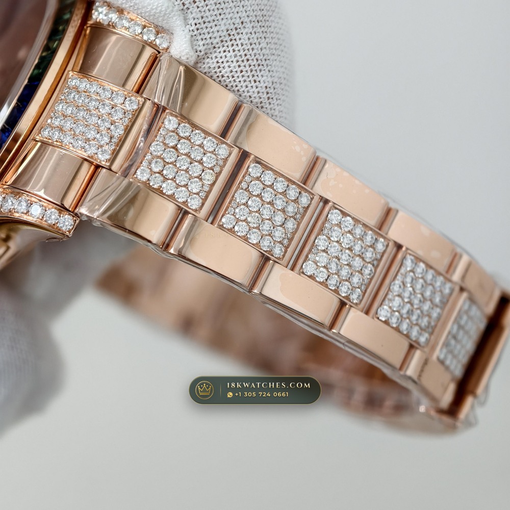 Rolex Cosmograph Daytona Rainbow Sapphire Bezel 18K Everose Gold Custom SW Dial Deep Crystal Optics Ref. 116595RBOW — Studio Gallery Plate V in 18K Rose Gold Au750 (216.6g Verified Mass, Rolex Manufacture Cal. 4130 - 72h Power Reserve)