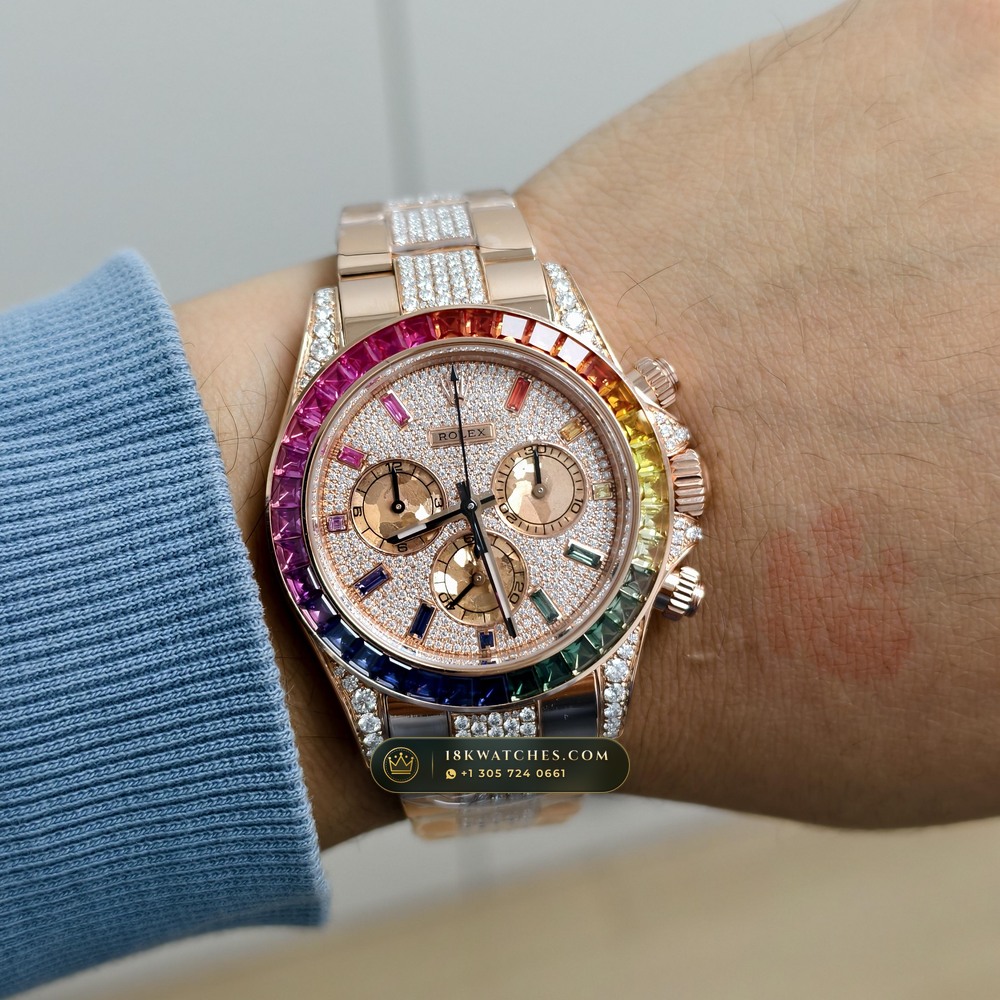 Rolex Cosmograph Daytona Rainbow Sapphire Bezel 18K Everose Gold Custom SW Dial Deep Crystal Optics Ref. 116595RBOW — Studio Gallery Plate VIII in 18K Rose Gold Au750 (216.6g Verified Mass, Rolex Manufacture Cal. 4130 - 72h Power Reserve)