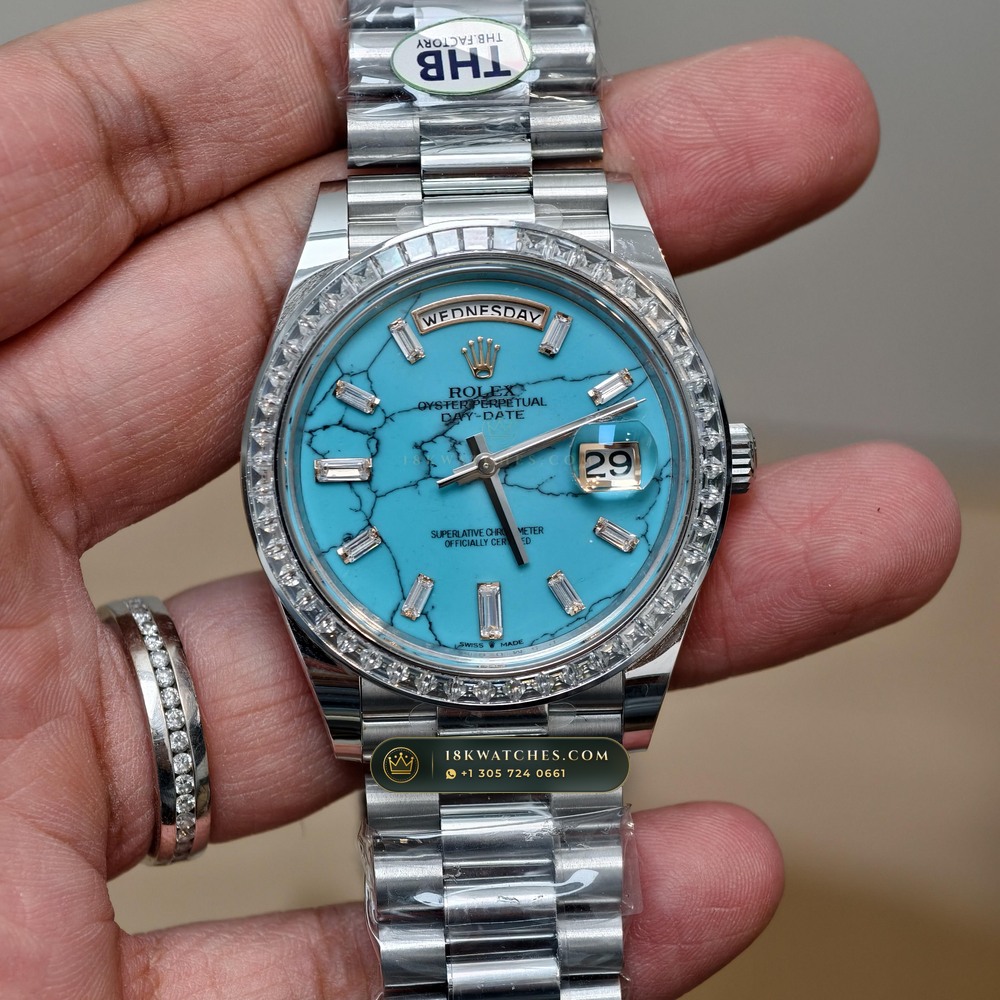 Rolex Day-Date 40 Natural Turquoise Dial Diamond-Set Bezel 18K Everose Gold Ref. 228235