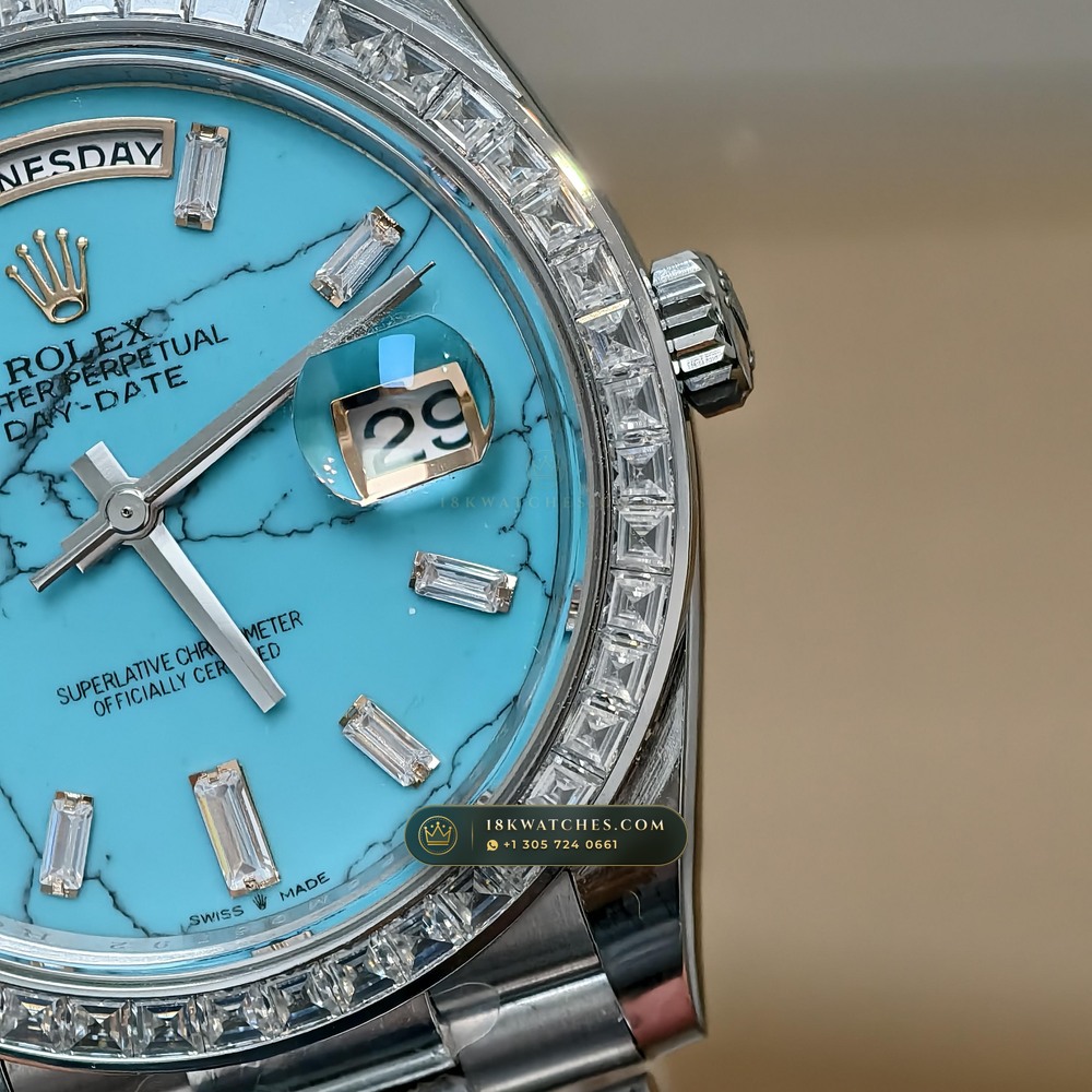 Rolex Day-Date 40 Natural Turquoise Dial Diamond-Set Bezel 18K Everose Gold Ref. 228235 — Studio Gallery Plate IV in 18K Rose Gold Au750 (210.6g Verified Mass, Rolex Manufacture Cal. 3255 - 70h Power Reserve)