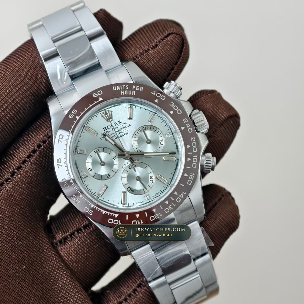 Rolex Cosmograph Daytona Ice-Blue Sunray Dial 950 Platinum Ref. 116506 — Studio Gallery Plate II in 950 Platinum Pt950 (281.9g Verified Mass, Rolex Manufacture Cal. 4130 - 72h Power Reserve)